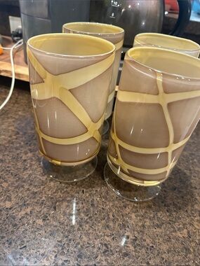 Set of 4 MCM Yellow and Brown Patterned Glass Tumblers